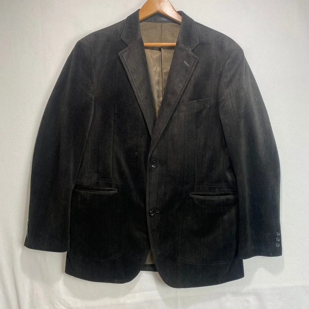 Kansai Yamamoto Mens Olive Green Faux Suede Two Button Blazer Jacket Size L